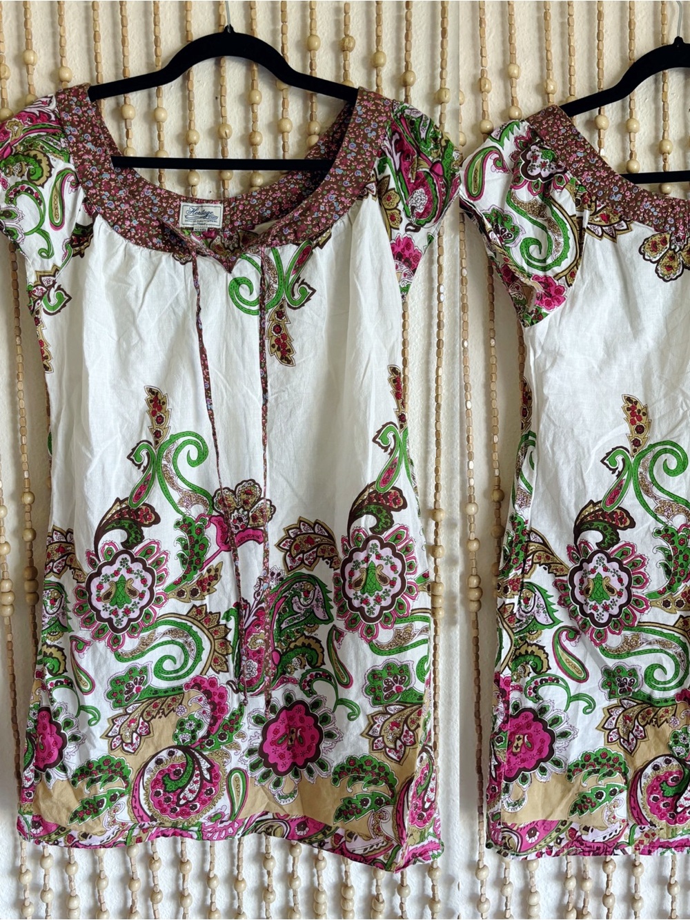 Y2K Pink Green Boho Paisley Floral Peasant Short Sleeve Scoop Neck Cotton Dress